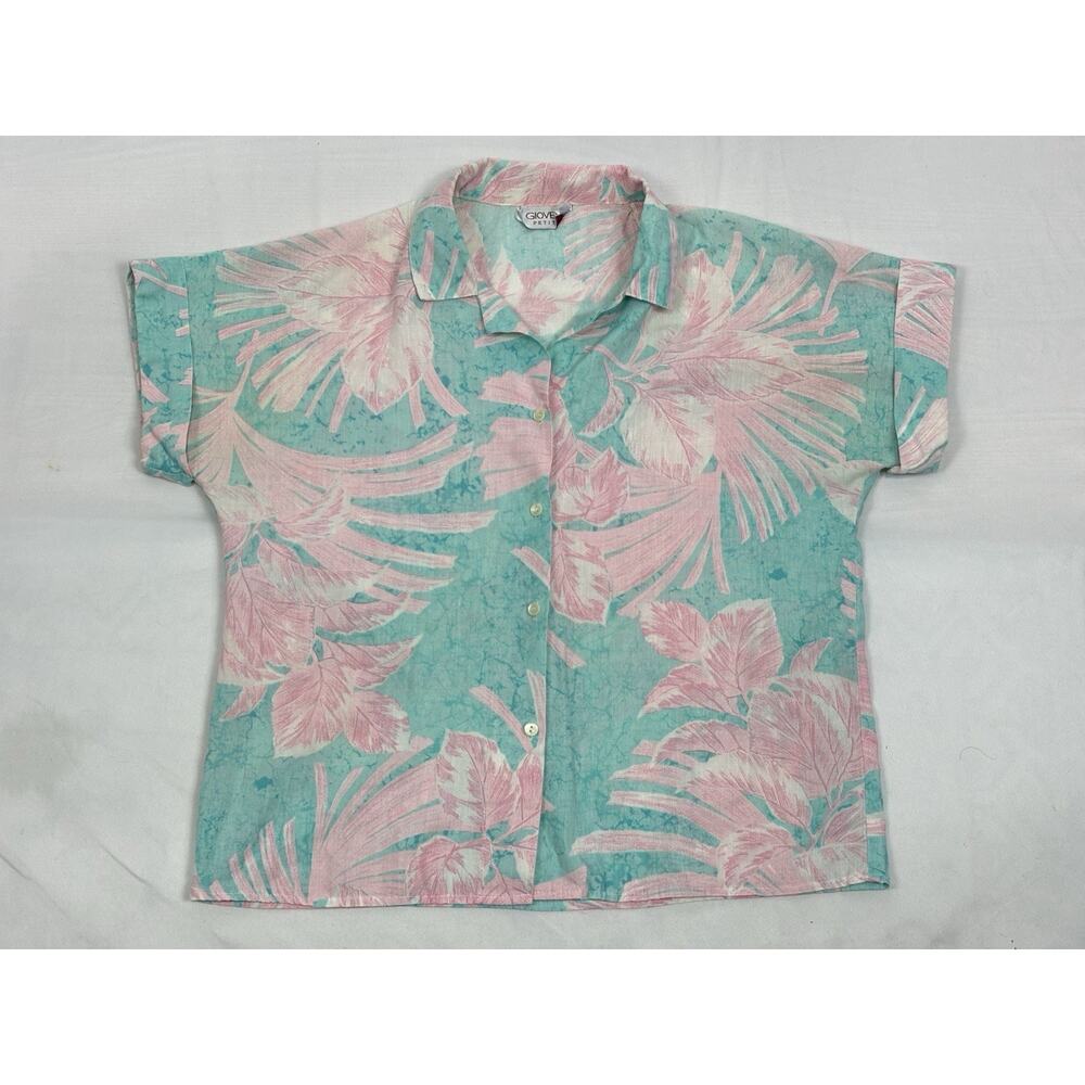 VTG Giovelli Petite Tropical Print Short Sleeve Button Up Shirt Green Pink M